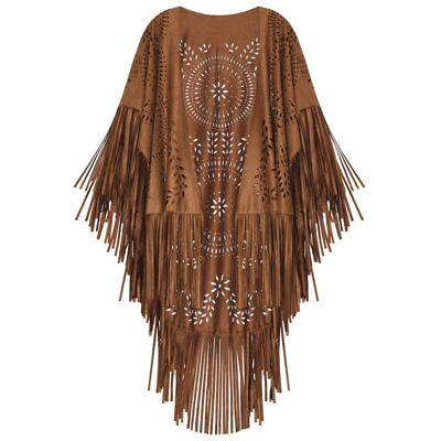 #ad Women Capes Ponchos Cardigan Cloak Suede Floral Hollow Out Fringe Tassel Shawl