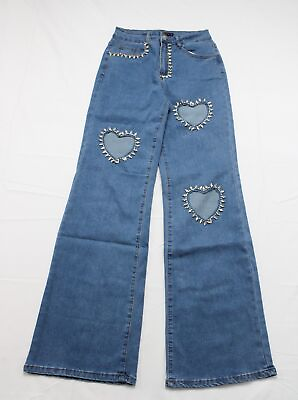 #ad Denim Love Women#x27;s High Waist Jewel Heart Cut Out Jeans EJ1 Blue Medium NWT