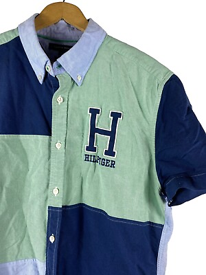 #ad Tommy Hilfiger Logo Shirt Size Large Mens Colorblock Custom Fit Blue Green Top