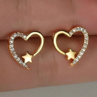 #ad 0.20Ct Round Cut Real Moissanite Heart Star Stud Earrings 14K Yellow Gold Plated
