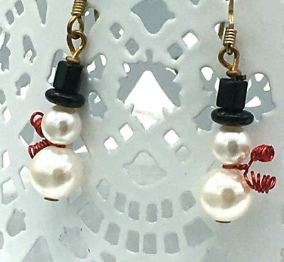 #ad Silver Tone Faux Pearl Beaded Snowman Earrings Approx .75”