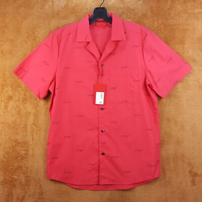 #ad HUGO Mens Shirt Small Red Button Up Casual Logo Spell Out Pocket ELLINO