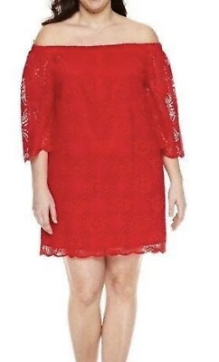 #ad Tiana B. Red Lace Plus Size Dress 24W Lace Off Shoulder Christmas Party Holiday