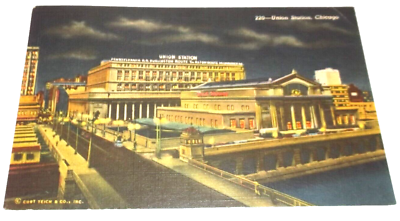 #ad 1951 CHICAGO UNION STATION PRR CBamp;Q MILW ALTON USED LINEN POST CARD