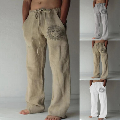 #ad Men Summer Beach Loose Cotton Linen Pants Yoga Drawstring Elasticated Trousers`