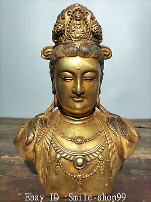 #ad 9.4quot; Old Tibetan Pure Bronze Gild Kwan yin Guan Yin Buddha Head Bust Statue