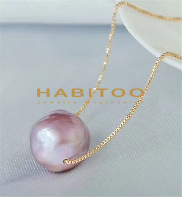 #ad 12 13mm purple Baroque Edison Keshi Pearl pendant Necklace 925 silver