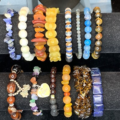 #ad Vintage Gemstone Bracelet Jewelry Lot Of 14 Stretch Mixed Stones AS SHOWN LB783