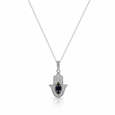 #ad 925 Sterling Silver White Blue CZ Hamsa Good Luck Pendant Necklace