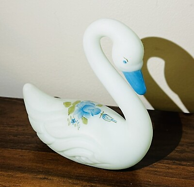 #ad Vintage Fenton Blue Swan Satin Frosted Glass Hand Painted Signed Laura Long