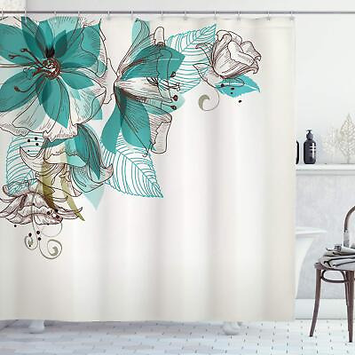 #ad Turquoise Shower Curtain Flowers Buds Leaf at The top Left Corner Season Cel...