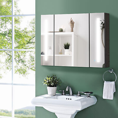 #ad LED Medicine Cabinet Wall Mounted Bathroom 3 Mirrored Door High Gloss Black