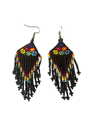#ad Fashion Seed Bead Earrings dangling strands flowers black yellow blue green