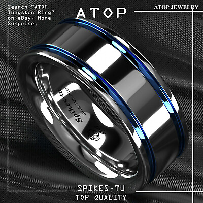 #ad 8mm Tungsten Carbide Ring Blue Grooved Line For Men Wedding Band ATOP Jewelry