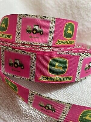 #ad Tractor ribbon 1quot; pink green grosgrain ribbon 20 Yards ships free