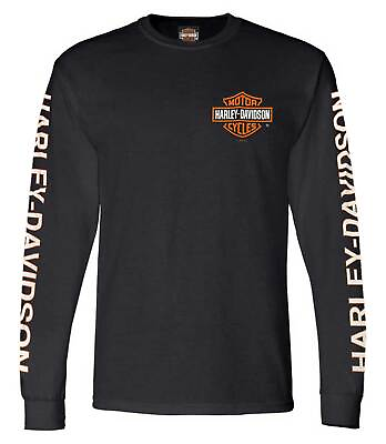 #ad Harley Davidson Men#x27;s Long Sleeve Orange Bar amp; Shield Black Shirt 30291744