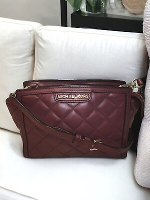 #ad Michael Kors Selma Quilted Leather Small Messenger Crossbody Handbag Burgundy