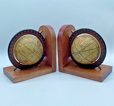 #ad Vintage Old World Globe Bookend Set of Two Atlas Map Décor Spinning Globes