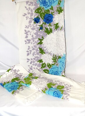 #ad Vintage 60#x27;s 70#x27;s Fieldcrest 1 Bath Towel 2 Hand Towels Blue Roses 100% Cotton