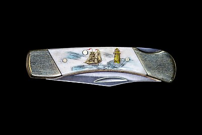 #ad Etched Ship and Light Colored Design Scrimshaw Collection Medium Pocket Knife