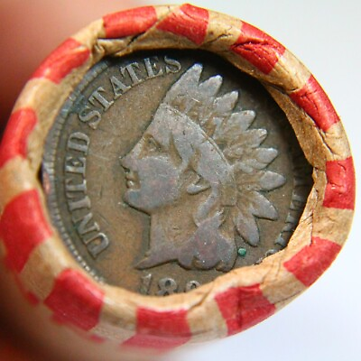 #ad 1800s Dated Indian Head Penny Showing On End Of 50 Coin Wheat Roll