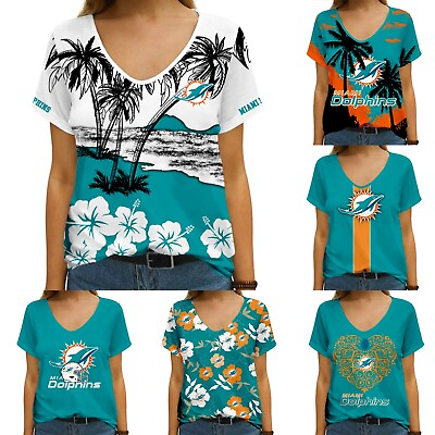 #ad Miami Dolphins Womens V Neck T Shirts Summer Short Sleeve Casual Tee Tops Gifts