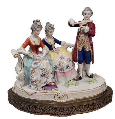 #ad Antique Large German Porcelain Figurine Man Violin Ladies On Couch Brass Base $550.00