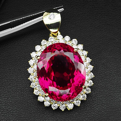#ad Gorgeous Hot Pink Spinel Oval 33.50Ct 925 Sterling Silver Handmade Gold Pendant