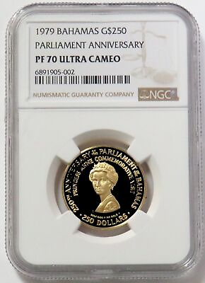 #ad 1979 GOLD BAHAMAS $250 PRINCESS ANNE COIN NGC PROOF 70 UC ONLY 1835 MINTED