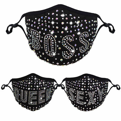 #ad Rhinestone Bling Queen Sexy Boss Face Mask Sparkly Reusable Wash Filter Pocket
