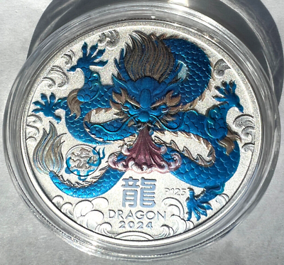#ad 2024 Australia 1 oz Silver Lunar Dragon BU Perth Mint Coin Blue Colorized