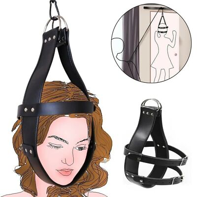 #ad BDSM Bondage PU Leather Head Harness Suspension Hanger Hood Headgear Restraint