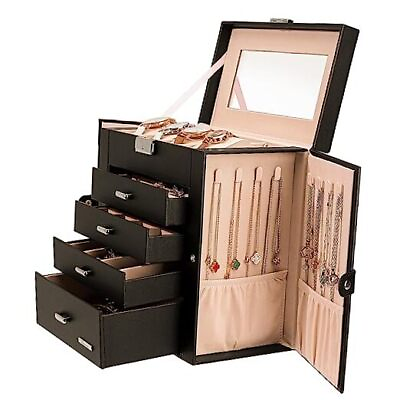#ad Synthetic Leather Huge Jewelry Box Mirrored Watch Organizer Necklace Black