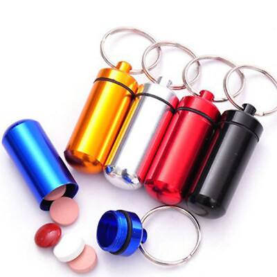 #ad Creative Keychain Mini Waterproof Metal Pill Bottle Key Ring Novelty Key Chain