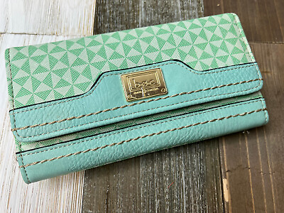 #ad B.O.C . Born Concept Leather Wallet 8x4 Geometric Tri Fold Turquoise Blue Green