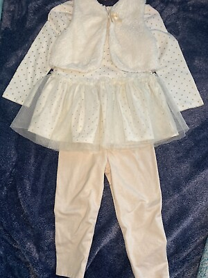 #ad NEW Nannette Baby Girl 3 Piece Dress Vest Leggings Ivory Gold 24Months