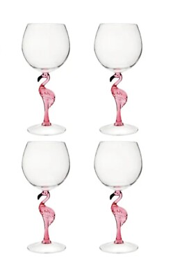 #ad 4pc SET Flamingo Acrylic Wine Cocktail Glasses Pink Stems Tropical NWT