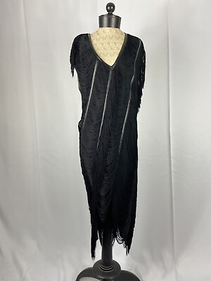#ad Haute Hippie Size Large Black Fringes Sleeveless Maxi Cocktail Dress
