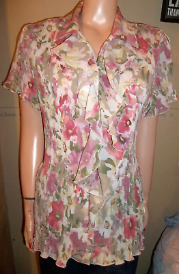 #ad TANJAY PLUS SIZE SHORT SLEEVE PLEATED FLORAL SHIRT SIZE 16 NEW RUFFLE