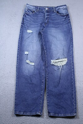 #ad SO Jeans Juniors 15 High Rise Blue Baggy Dad Ripped Mid Wash Stretch Denim 32x30