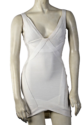 #ad White V Neck Sleeveless Bandage Mini Bodycon Dress Size S