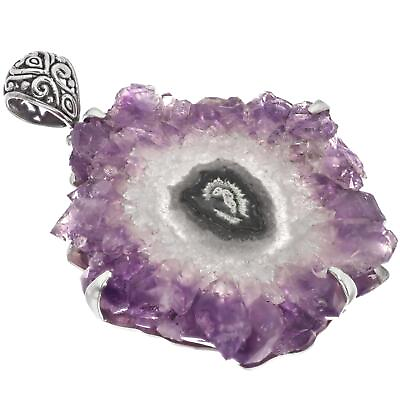 #ad 925 Silver Rare Big Amethyst Crystal Geode Slice Sterling Pendant 2 3 4quot;