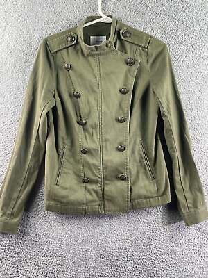 #ad Womens Sonoma Green Double Breasted Army Jacket Hidden Fly Button Size Small