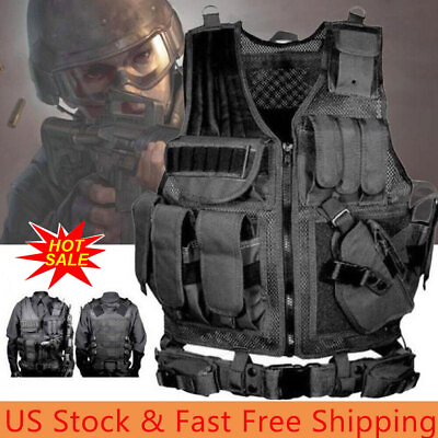 #ad Military Tactical Vest with Gun Holster Molle Police Assault Combat Assault Gear