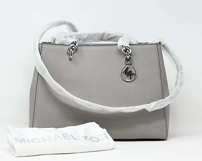 #ad MICHAEL KORS CYNTHIA Medium Convertible Satchel Pearl Grey Leather NWT $298
