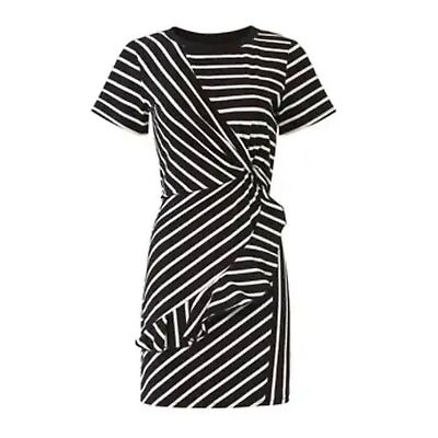 #ad Parker Calvin Black White Striped Ruffle Front T shirt Dress XS