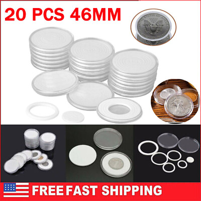 #ad 20PCS 46mm Clear Coin Storage Box Round Plastic Case Capsules Container Holder $6.99