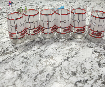 #ad Set of 6 Coca Cola Tiffany Style Stained Frosted Glasses 6quot; Tumblers