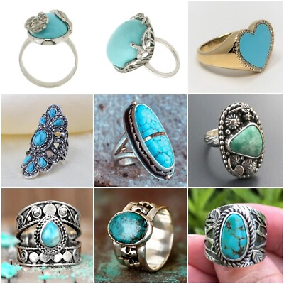 #ad Vintage 925 Silver Turquoise Rings Women Wedding Party Jewelry Ring Gifts Sz6 10