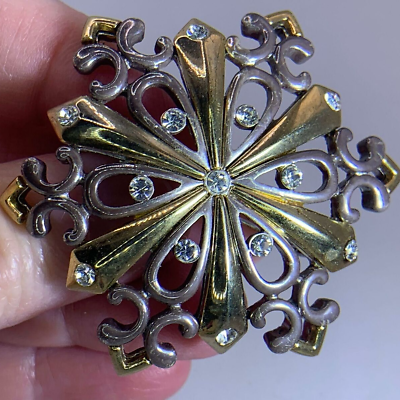 #ad Flower Openwork 2 Tone Rhinestone Huge Vintage Silver Brooch Pin V 5933